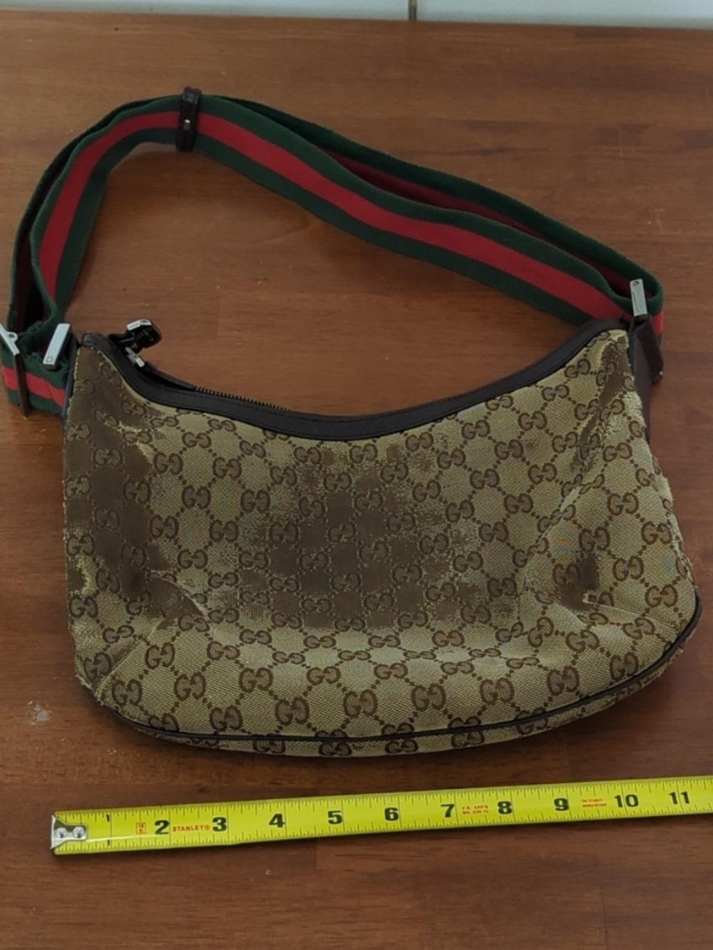 Vintage Authentic Gucci Brown Monogram Canvas Bag with Green-Red Web Strap